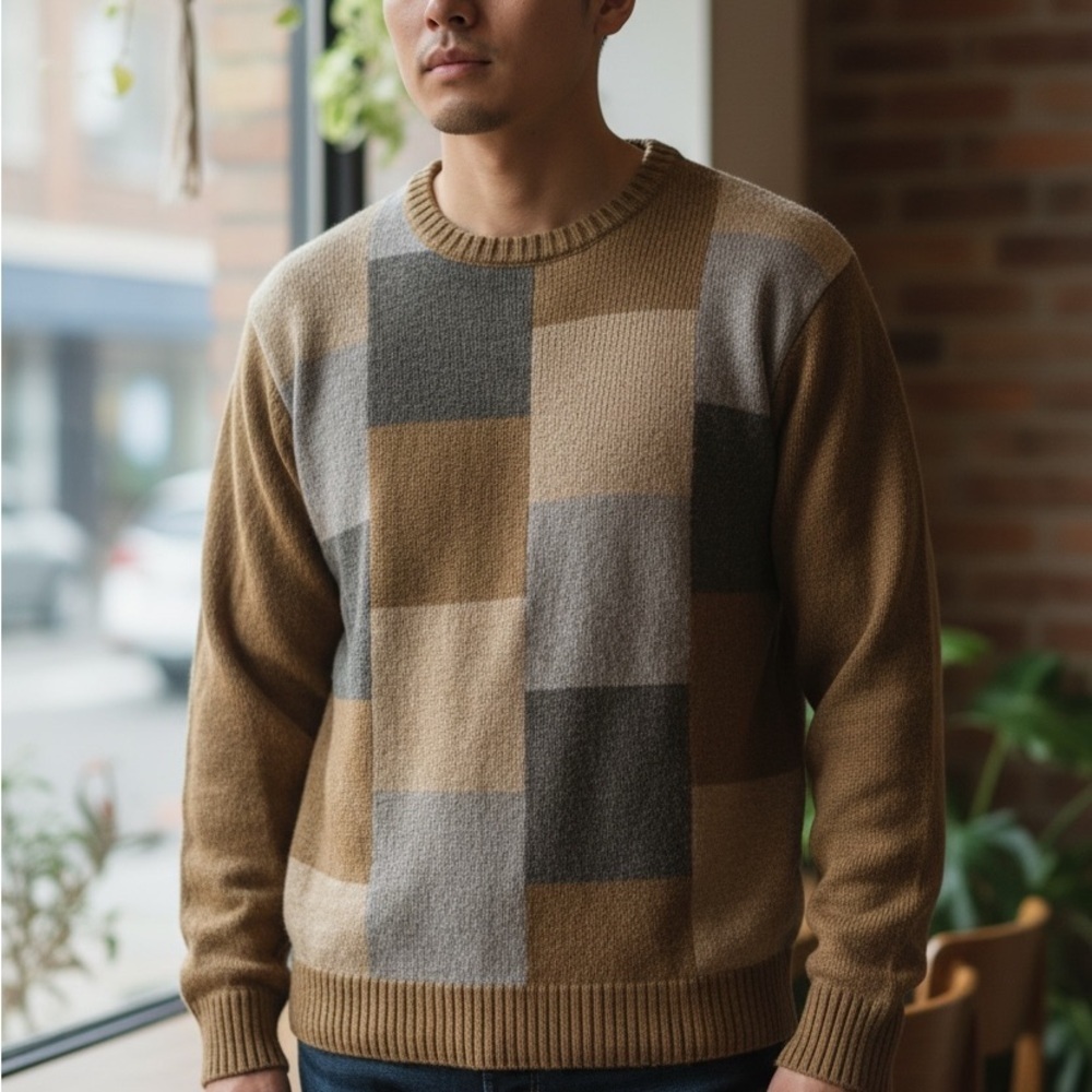 Oscar de la Renta Men's Patchwork Sweater - Brown and Gray Size Large
